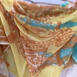 Yellow, tan and blue shawl, scarf, wrap with fringe (70"x24")